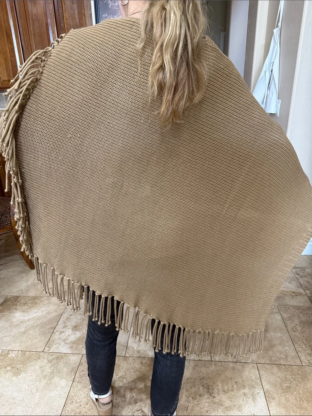 Bcbg Cozy Fringe Knit Poncho Sweater - Camel